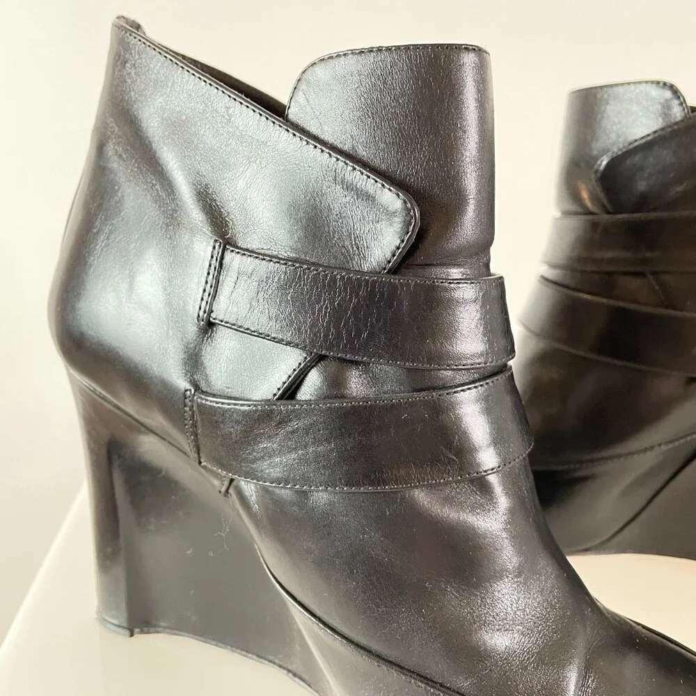 Minimalist | Derek Lam Black Leather Ankle Boot Wedge | Pointy Toe | Gold Buckle